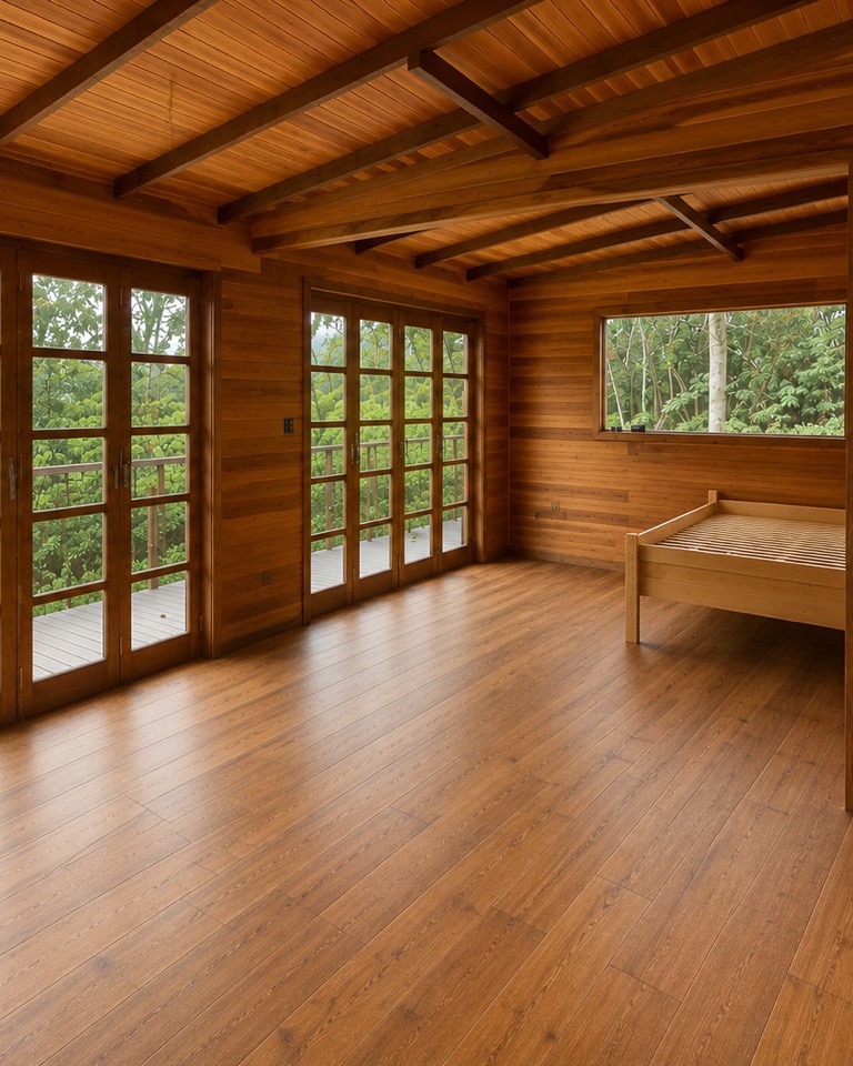 Quarto com janelões e vista para a floresta